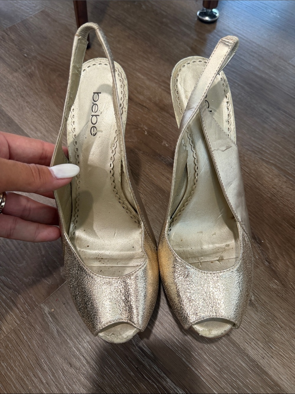 bebe Gold Metallic Slingback Peep-Toe Heels
